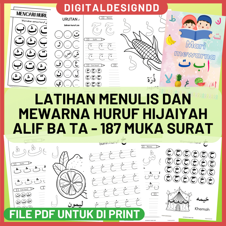 Latihan menulis huruf hijaiyah alif ba ta jawi dan mewarna Jawi