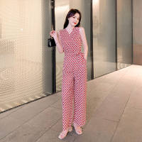 Y แฟชั่นผู้หญิง Retro Floral V คอแขนกุดเอวสูงขากว้าง Jumpsuit