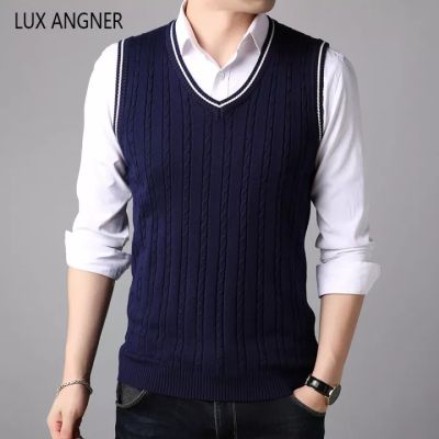 ✗❣✼ hnf531 LUX ANGNER Autumn New Men V Neck Sweaters Men Sleeveless Stripe Vest Pullover Sweater Men Korean Slim Casual Sweater Clothes