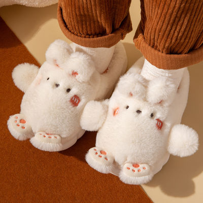 น่ารักสัตว์กระต่ายรองเท้าแตะแฟชั่นของผู้หญิง Kawaii ปุยฤดูหนาวที่อบอุ่นรองเท้าแตะตุ๊กตาผู้หญิงการ์ตูนกระต่ายบ้านสไลด์แบน