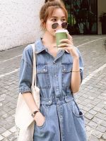 【YF】 Korean Fashion Long Denim Dress Women Casual Elastic Waist Button High Quality Vintage Split Single Breasted Dresses Party 2023