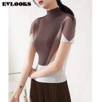 ◕♨✆ EVLOOKS Issey Miyak Women Black Pleated Elegant Loose T shirt Skirt New Turtleneck Short Sleeve Fashion Tide Spring Summer 2023