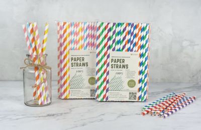 หลอดกระดาษลายริ้ว ขนาด 6mm×197mm เเบรนด์ Paper Straws  Food Grade มาตรฐานจาก FSC บรรจุ100 หลอด ผู้ผลิตเจ้าเเรกในประเทศไทย