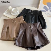 Solid Pu Leather Shorts Women Autumn Winter New High Waist Wide-leg Cool Zipper Pocket Korean Style Folds Simple All-match Daily