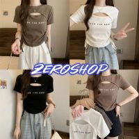 Zero shop?พร้อมส่ง? (Zero-79002) เสื้อไหมพรม ดีเทลเว้าหน้าอก แขนสั้น คอกลม -C