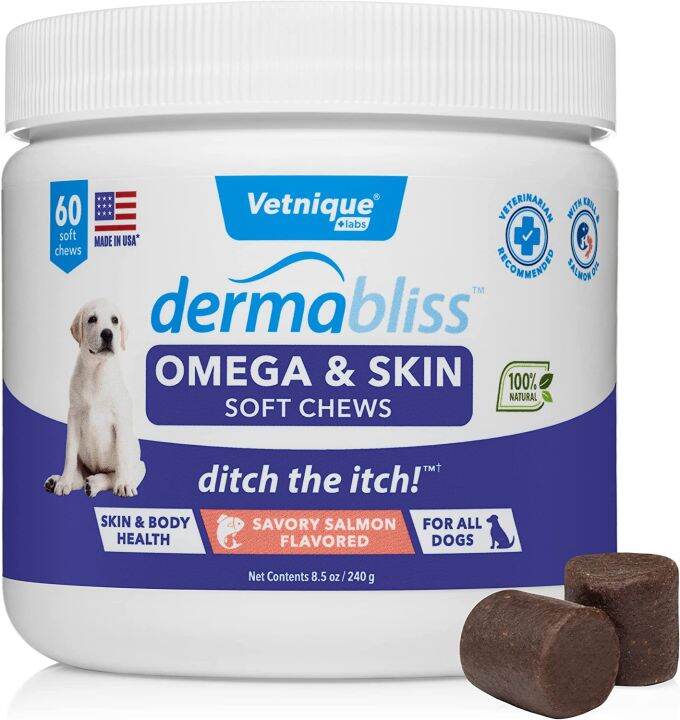 Vetnique Dermabliss Omega & Skin Soft Chews For All Dogs Savory Salmon ...