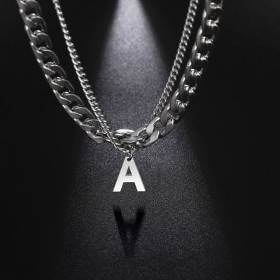 【CW】Amaxer For Women Men Fashionable Punk Double Layer Necklace Initial 26 Letter Name Stainless Steel Silver Color Jewelry Gift