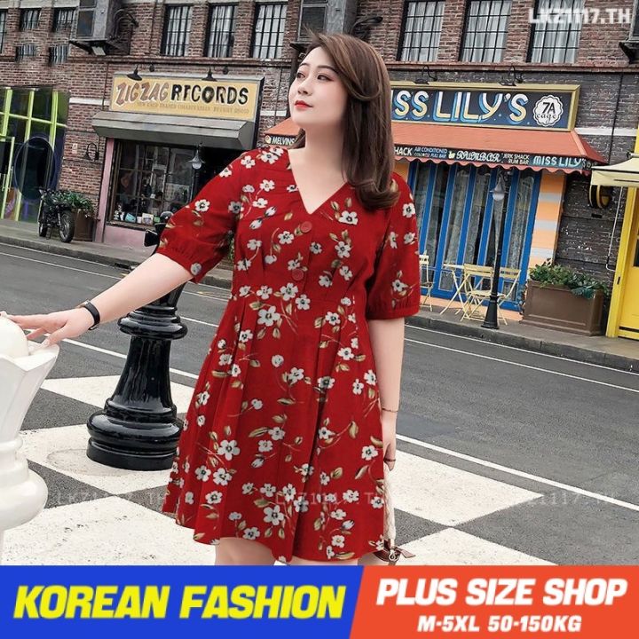 plus-size-เสื้อผ้าสาวอวบ-เดรสสาวอวบอ้วน-ไซส์ใหญ่-ผู้หญิง-ทรงหลวม-แขนสั้น-คอวี-ฤดูร้อน-สไตล์เกาหลีแฟชั่น