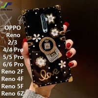 JieFie น้ำหอมหรูหราสำหรับ OPPO Reno 2F / 4F / 5F / 6Z / 2 / 3 / 4 / 5 / 6/4/Pro 5 Pro / 6 Pro แฟชั่นดอกไม้ประกาย Square Chrome เคสโทรศัพท์กันกระแทก TPU + ขาตั้งแหวน