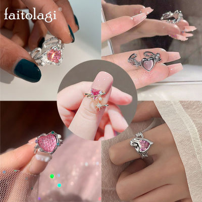 แหวนหัวใจทรงพีชสีชมพูสำหรับผู้หญิงเพทายที่เป็นประกายเกาหลีแหวนเปิดทำการแสดงความรักแหวน Y2K งานหมั้นสีชมพูโรแมนติกสำหรับแฟนสาวแหวนใส่นิ้วโลหะของขวัญ
