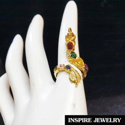INSPIRE JEWELRY แหวนพญานาค ฝังพลอยนพเก้า ฟรีไซด์ /  gold plated งานสวย ปราณีต ฝีมือคนไทย ตัวเรือนหล่อจากทองเหลืองทั้งวง ฝังพลอยหลากสีตลอดตัว