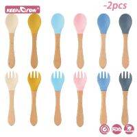 2Pcs (choose) Food Grade Silicone Tips Baby Feeding Training Spoon and Fork Set with Wooden Handle Infant Eat Independently Bowl Fork Spoon Sets