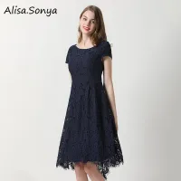 Alisa.Sonya Slim O-neck Short Sleeves Asymmetrical Hem Navy Blue Casual Elegant Floral Lace A-line Dresses for Women