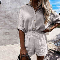 2021Cotton Solid White Women Shorts Set Button Turn-down Collar Long Sleeve Shirt And Short Trousers Ladies Suit 2021 Summer Casual