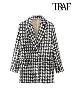 เสื้อเบลเซอร์แฟชั่นสำหรับผู้หญิงลาย Houndstooth Tweed เสื้อแขนยาววินเทจมีกระเป๋าเสื้อผ้าสตรีเก๋ไก๋