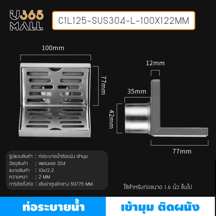 ตะแกรงระบายน้ำ-ท่อระบายน้ำติดผนังชิดมุม-สแตนเลส-304-ทรงสี่เหลี่ยมเข้ามุม