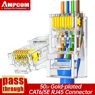 ▧¤ AMPCOM CAT6 CAT5E Pass Through RJ45 Modular Plug Network Connectors UTP 3/50μ Gold-Plated 8P8C Crimp End for Ethernet Cable