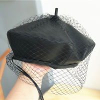 ? Retro Elegant Goddess Fan Mesh Pu Black Beret Concave Shape Painter Hat Children Autumn And Winter Hat