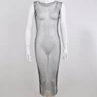 The new spring and summer dress fashion dresses nets female perspective grid ShanZuan round collar one pace