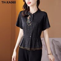 High-end watered gauze big size embroidery silk shirts summer new female temperament show thin short sleeve cardigan jacket unlined upper garment