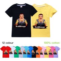 Hello Neighbor เสื้อยืดผ้าฝ้ายคอมบ์,เสื้อยืดเด็กแขนสั้นลายการ์ตูนผ้าบาง0000ฤดูร้อน