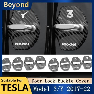 2022 Car Door Lock Buckle Cover For Tesla Model Y 2021 Accessories Door Lock Carbon Fiber Metal Sticker Automobile Decoration