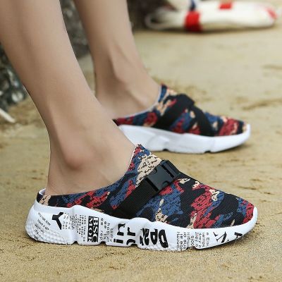 ❄ Summer new style Baotou half slippers mens all-match canvas shoes mens casual shoes Korean version of the trend of a pedal lazy shoes