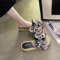 Slope heel slippers female broken flowers go out net red hot style bowknot muffin small fragrant wind word high heel slippers beach slippers