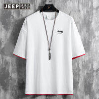 JEEP SPIRIT เสื้อยืดแขนสั้นสำหรับผู้ชายเสื้อยืดสีทึบสองชิ้นปลอมสำหรับฤดูร้อน