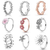 Women 925 Sterling Silver Rings With Leaves Flower Daisy Crystal Finger Ring Crown For Women Wedding Party Jewelry