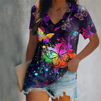 Womens Gradient T-shirt 3D Print Short Sleeve V-neck Top Summer Colorful Pattern Casual Fashion Girl T-shirt Plus Womens Wear