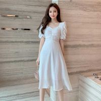 卍 5 Colors Bubble sleeve dress womens Chiffon temperament V-neck small fragrant medium length dress