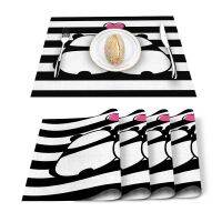 4/6pcs Placemats Two Panda Black And White Stripes Dining Table Runner Place Mat in Kitchen Accessories Cup Wine Bar Mat Coaster Placemats  Coasters