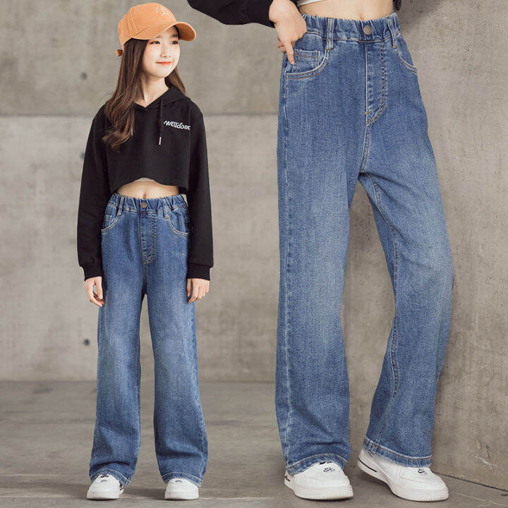 DIIMUU Spring Fall Fashion Kids Girls Jeans Denim Trousers Bottoms Children Long Pants Clothes