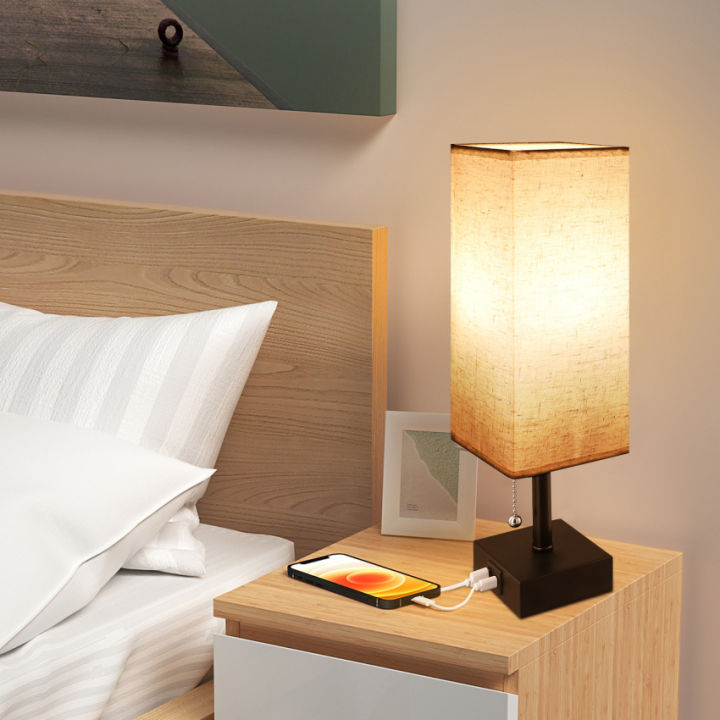 โคมไฟข้างเตียง-หลอดไฟสำหรับห้องนอนตั้งโต๊ะ-โคมไฟพร้อม-usb-c-พอร์ตชาร์จ-โคมไฟเตียงนอนเล็กๆพร้อมโหมด3สีพร้อมโซ่ดึง-โคมไฟห้องนอนพร้อมเส้นใยเฉดขาว-มีหลอดไฟให้ด้วย-led