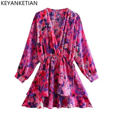 KEYANKETIAN Women Fashion V Neck Floral Print Double Layer Ruffles A Line Mini Shirt Dress Female Chic Loose Lace Up Lady Outfit