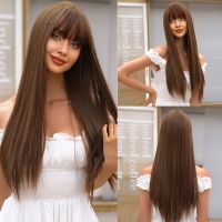 Long Synthetic Cold Brown Wigs with Bangs Light Coffee Straight Fake Hairs Wig Natural Daily Cosplay Party Heat Resistant Fiber