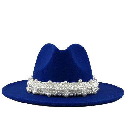 Women Men Wool Fedora Hat With Pearl Ribbon Gentleman Elegant Lady Winter Autumn Wide Brim Church Panama Sombrero Jazz Cap 60CM