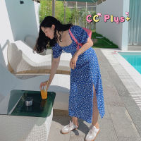 CiCi Plus+(3092)เดรสแขนสั้นลายดอกไม้  ดีเทลแหวกขา สไตล์สาวหวาน เสื้อผ้าสาวอวบ