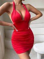 【Ladies shop】 Wsevypo Deep VTie Up BodyconDress เซ็กซี่ผู้หญิงแขนกุด Backless ห่อสั้น PencilParty Clubwear