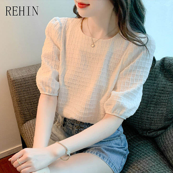 rehin-เสื้อเชิ้ตแขนพองสำหรับผู้หญิง-เสื้อคอกลมแขนสั้นเสื้อเบลาส์ทรงหลวมสไตล์วินเทจ