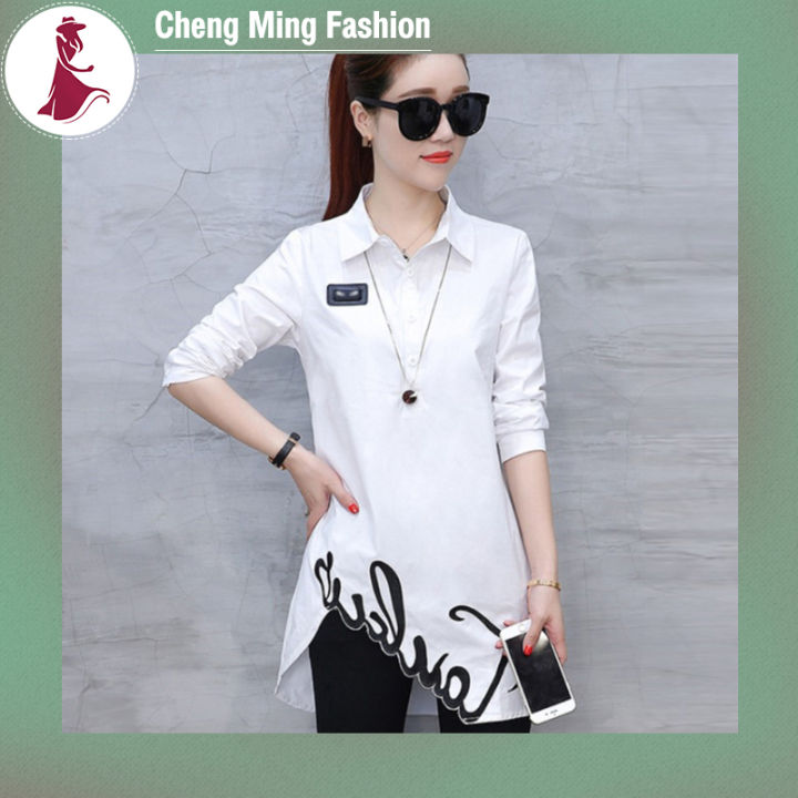 cheng-ming-เสื้อยืดสตรีแขนยาวอินเทรนด์เสื้อเข้ารูปพอดียาวปานกลางมีปกปักเสื้อสวมหัวแบบไม่สม่ำเสมอ