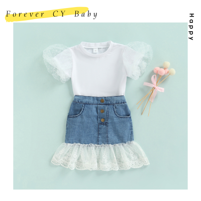 【Forever CY Baby】เสื้อผ้าเด็กผู้หญิงลายจุดเสื้อแขนสั้นพองสีขาว + แพทช์ยีนส์กระโปรงทรงเอชุดฤดูร้อน2ชิ้น