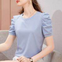 HOT14★2023 Summer Puff Sleeve O-Neck Cotton T-Shirt Women Solid Color Elegant Tshirts Lady Slim Soft Cal Office Lady Shirts Tops