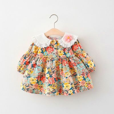 〖jeansame dress〗2022 NewLong Sleeve DressesFrom 1ถึง4 YearsFlowerDresses ForCotton ChildrenGirl