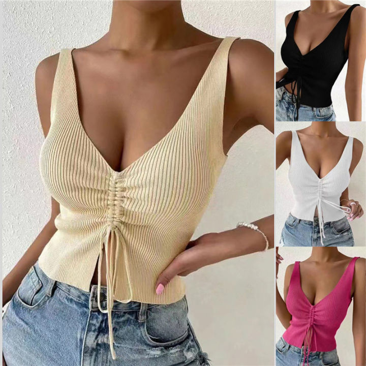 2Pcs Fashion Cropped Tank Top Plain Western Style Drawstring Sexy Versatile  Camisoles 2023 K-Style Strapless Y2K Shirt To Wear To The Sea Hip Pop Punk  Elegant Cami For Summer All Match