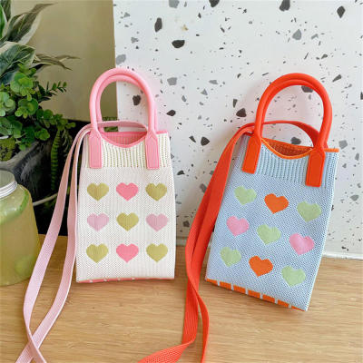 Women Casual Handbag Silicone Girl Pink Love Heart Small Square Bag Knitted Bag Shoulder Crossbody Bag Coin Purse
