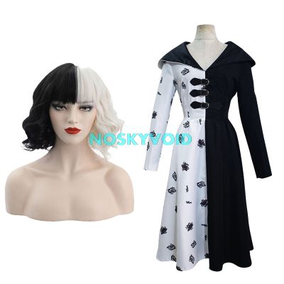 2021 Cruella Cosplay Dresses Cruella De Vil Costumes Womens Movie Costume Black and White Wig Halloween Performance Dress