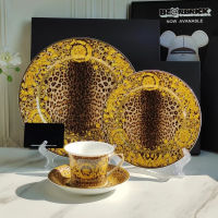 V - Delicate Bone China Leopard Print 4PCS/Set Plates and Coffee Cup Sets, Tableware Set for Food, As Dessert Plate and Tea Cup , Gift for Friends