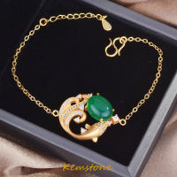 Kemstone Vintage Gold Plated Shiny Zircon Full Diamond Faux Jade Jasper Sand Gold Carp Link สร้อยข้อมือผู้หญิงเครื่องประดับ Gift